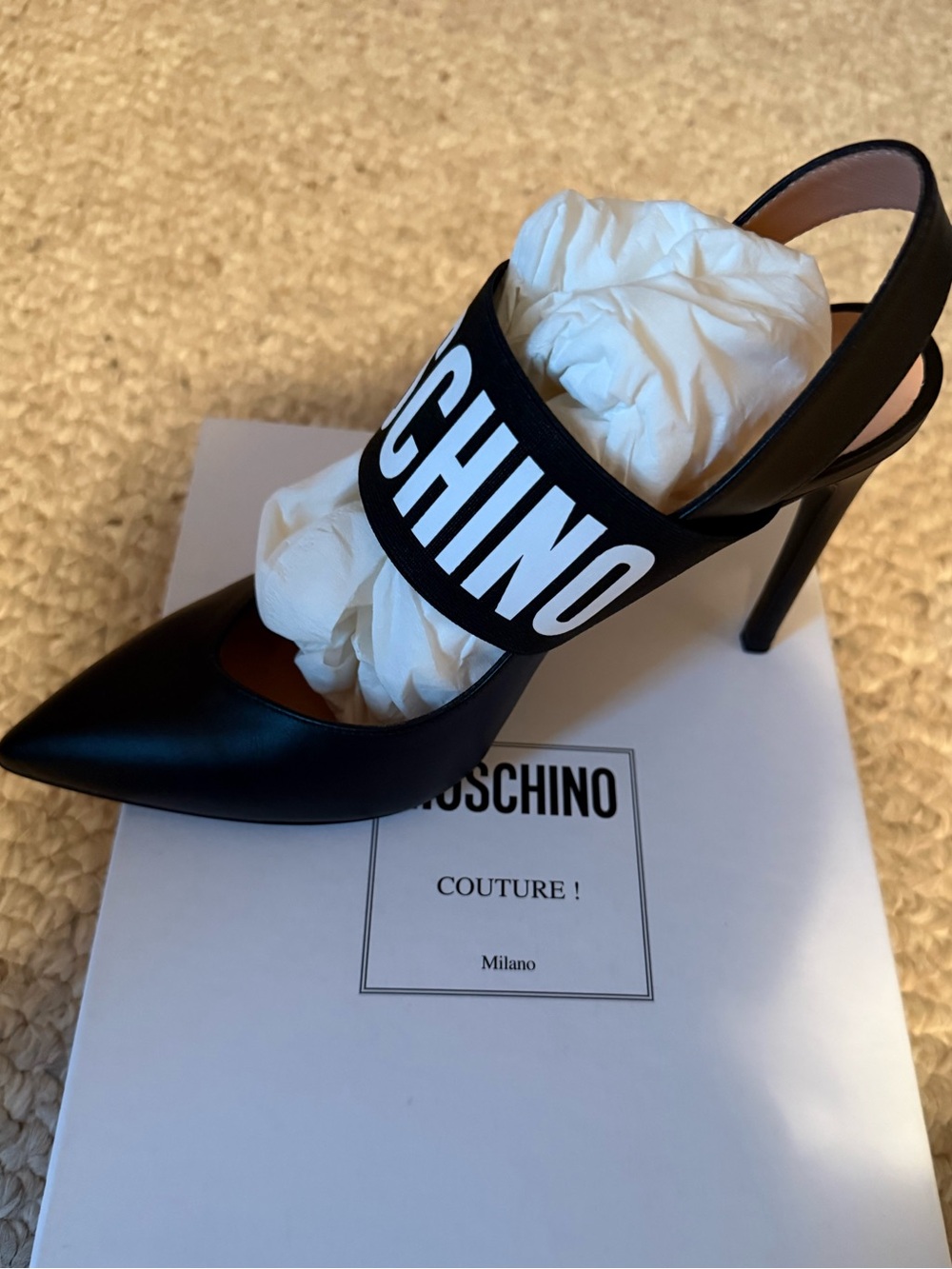 Moschino Black Pointed Leather Slingback Heel